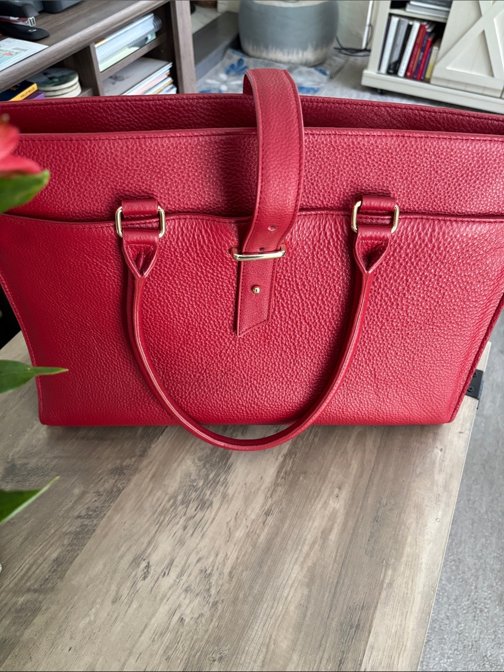 Levenger Red Pebbled Leather Tote Bag/Laptop Bag , 16”x11”x5”